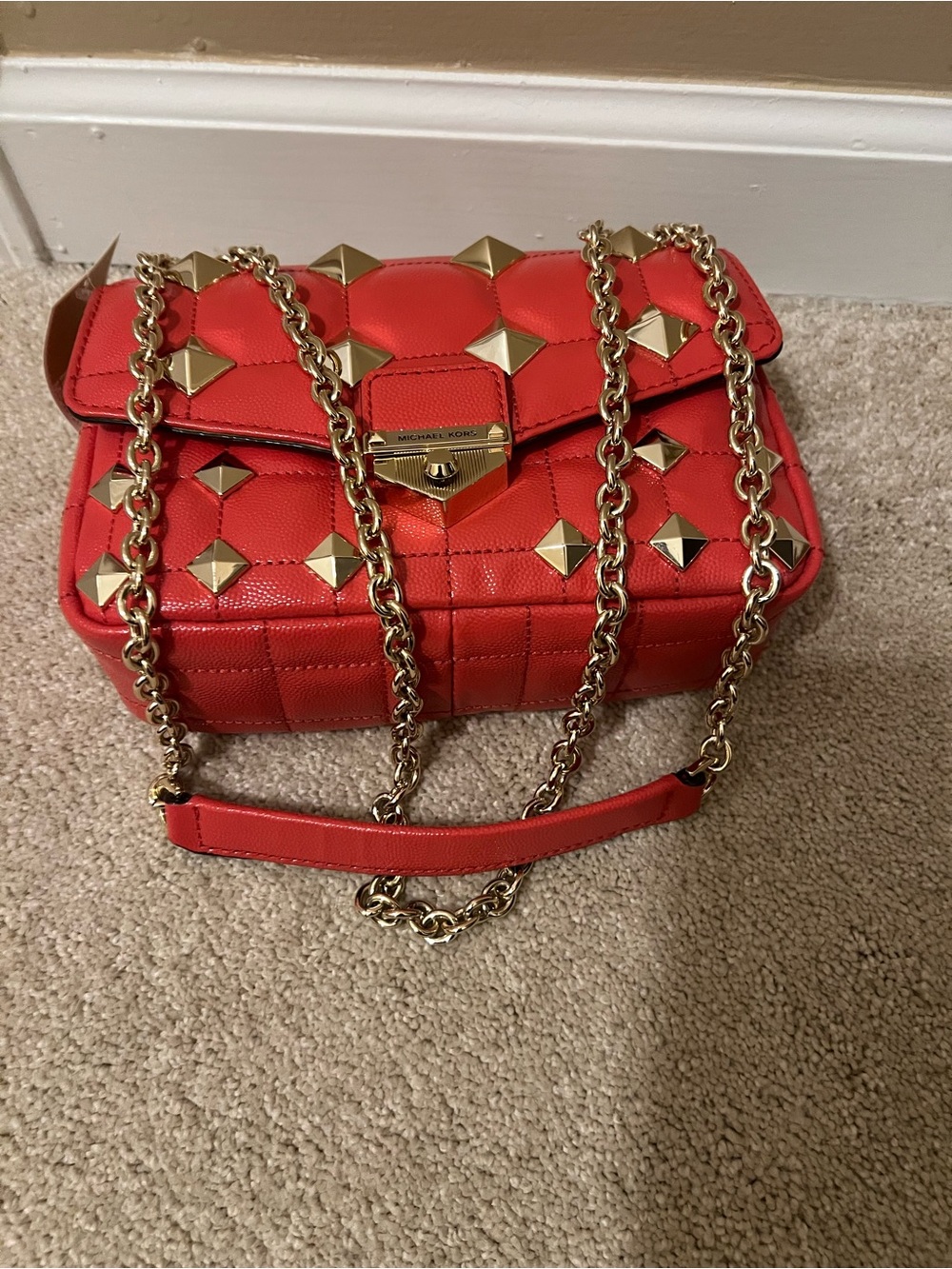 Michael Kors Coral-Red Quilted Studded Chain Shoulder Bag